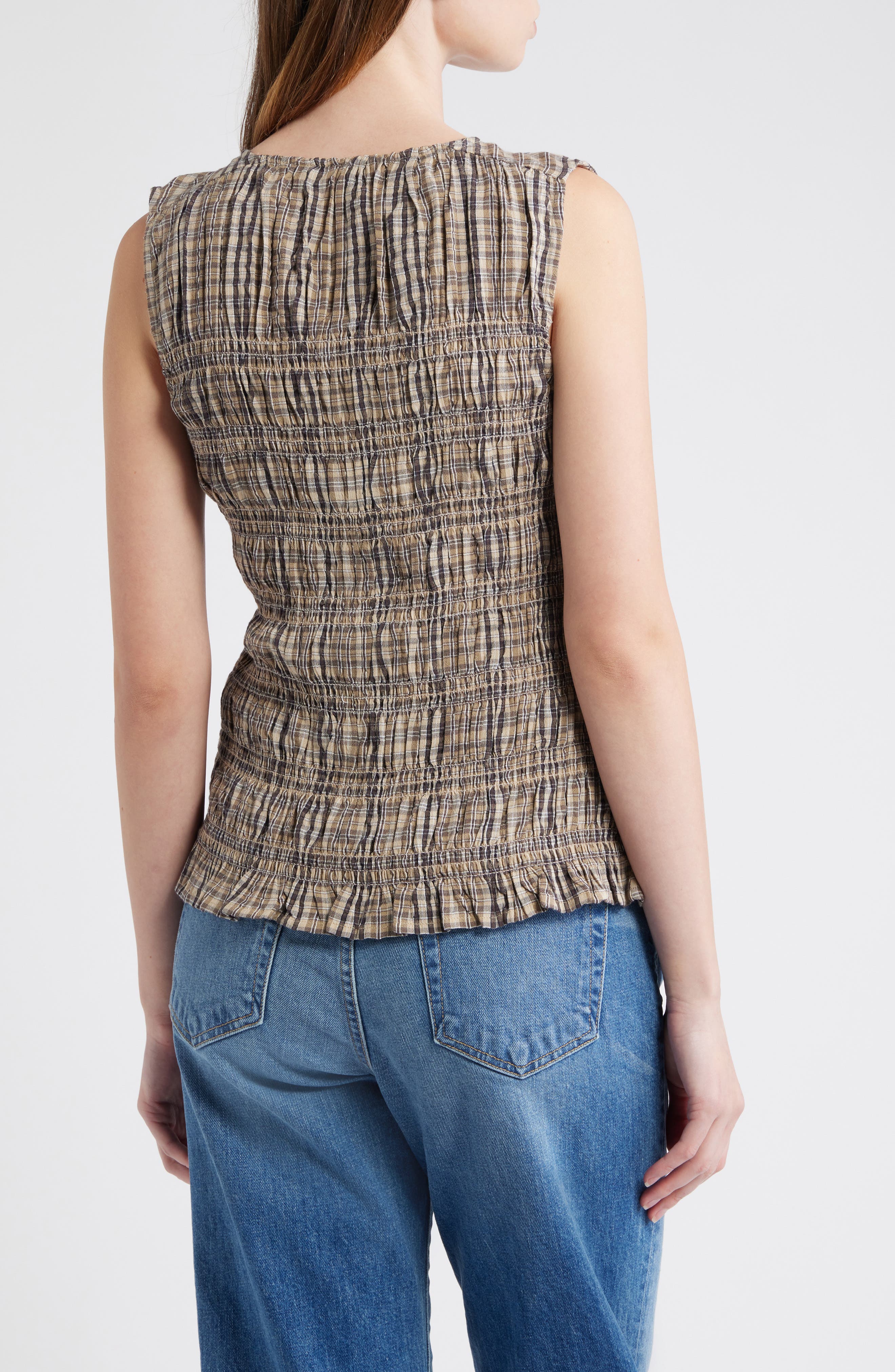 Smocked Gingham Cotton Button-Up Shirt - image 2