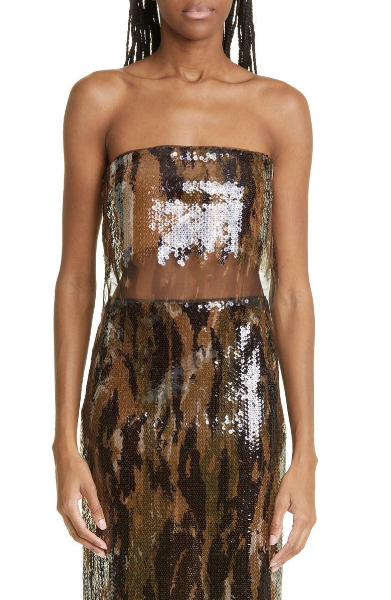 Dion Lee Helix Camo Sequin Tulle Strapless Crop Top, Main, color, 