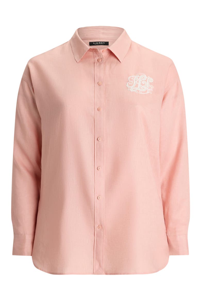 Relaxed Fit Eyelet Logo Embroidered Linen Button-Up Shirt, Alternate, color, PINK RHODONITE