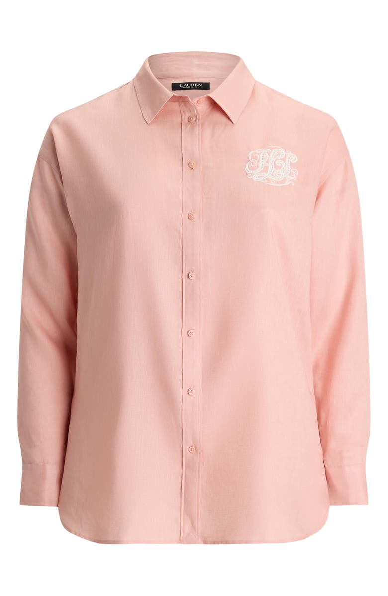 Lauren Ralph Lauren Relaxed Fit Eyelet Logo Embroidered Linen Button-Up Shirt, Alternate, color, Pink Rhodonite