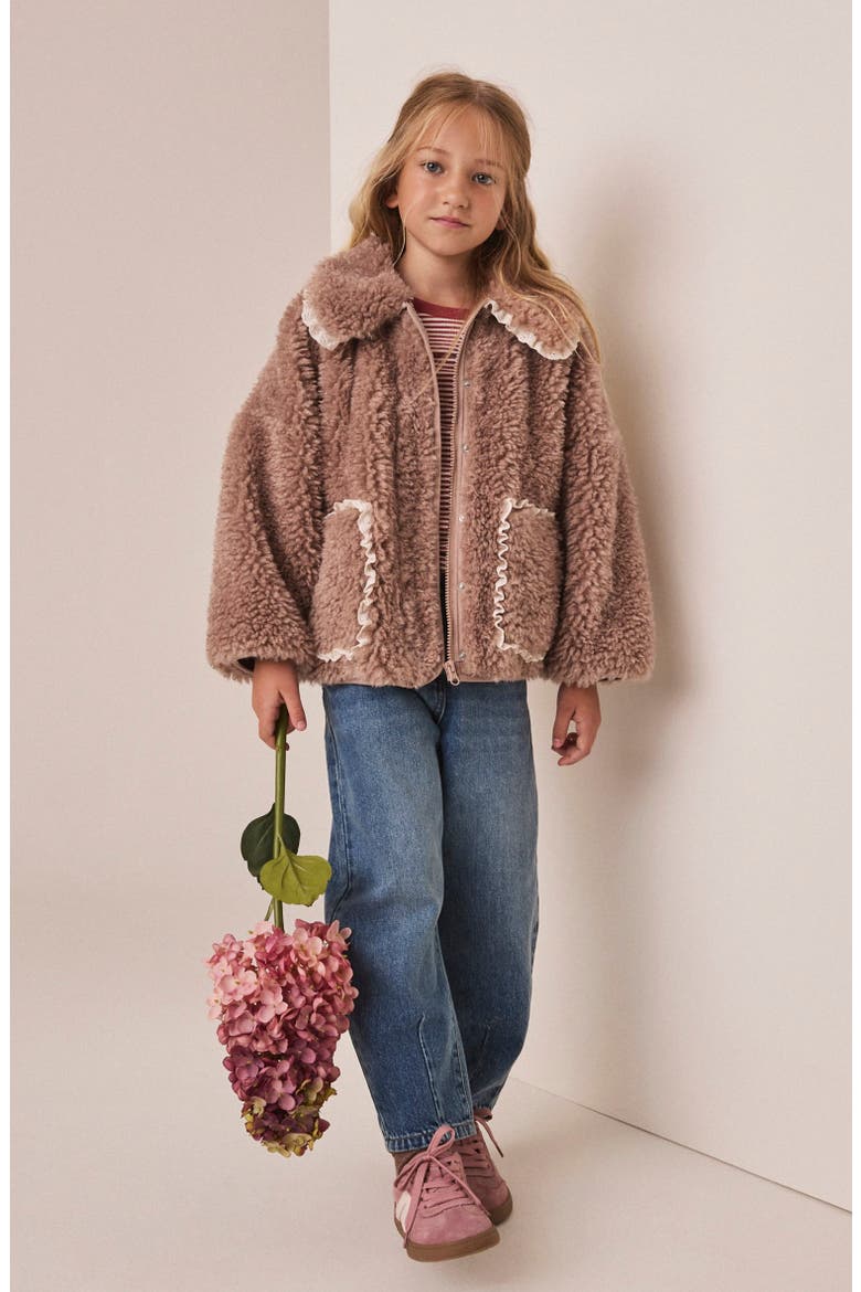 Kids' Lace Trim Teddy Fleece Jacket, Alternate, color, NEUTRAL
