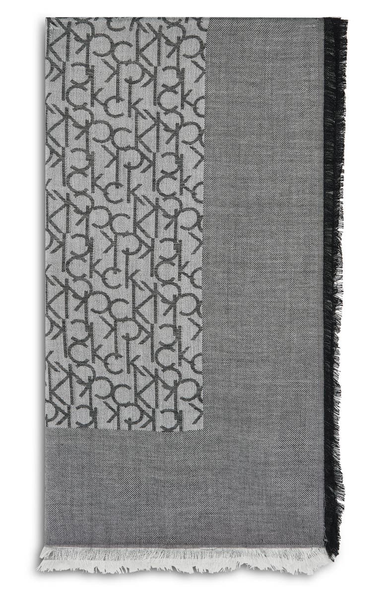 Calvin Klein Fringe Trim Logo Scarf, Main, color, Black