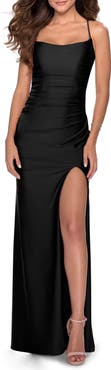 La Femme Tie Back Satin Gown