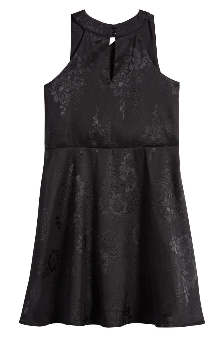 Kids' Floral Embossed Sleeveless Satin Dress, Alternate, color, BLACK