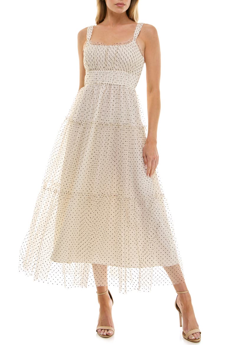 Dot Mesh Empire Waist Gown, Main, color, IVORY/ BLACK