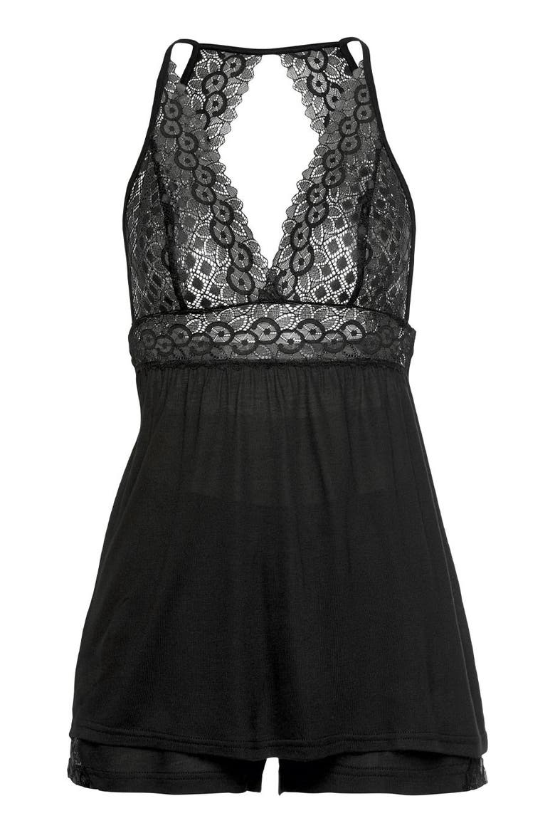 Lace V-Neck Short Pajama Set, Alternate, color, Black