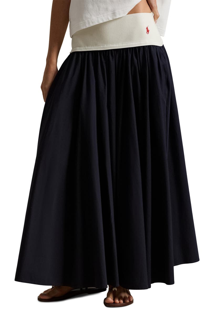Polo Ralph Lauren Mixed Media Cotton Poplin Maxi Skirt, Main, color, Atlantic
