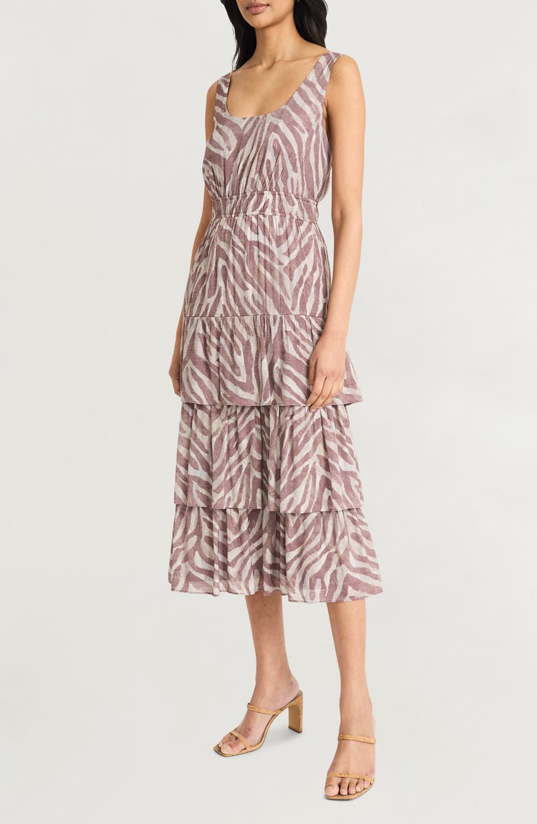 The Good Journey Ripple Stripes Tiered Midi Dress, Alternate, color, Cream/ Brown