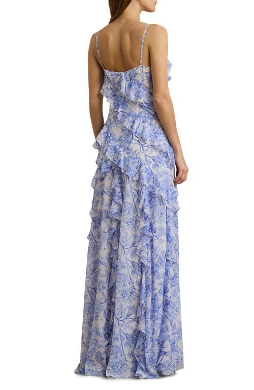 Ralph Lauren Floral Ruffle-trim Georgette Gown In Blue