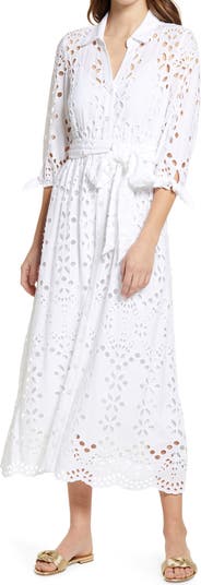 knee length dresses for ladies Elena White Eyelet Midi Dress – Onze Montreal main image 0