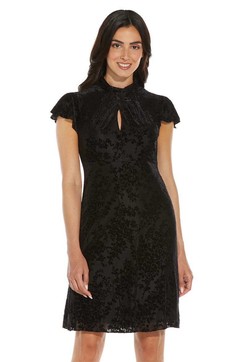 Cap Sleeve Floral Velvet Burnout Drape Dress, Alternate, color, BLACK