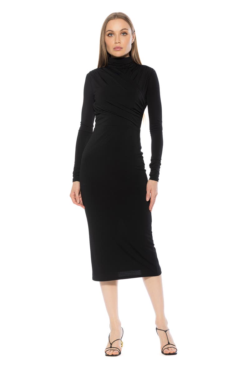 Elio Draped Bodice Midi Sheath Dress, Alternate, color, BLACK