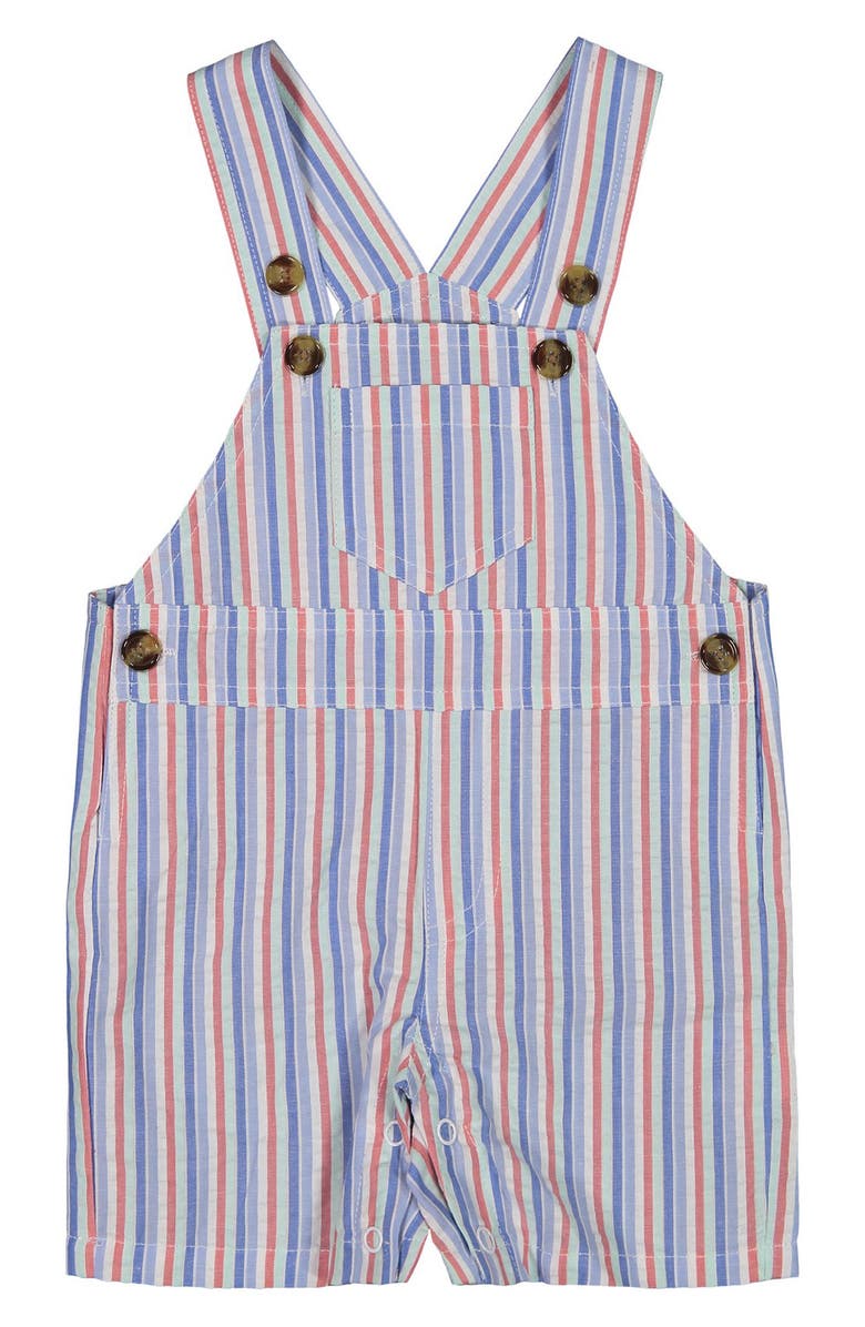 Andy & Evan Stripe Seersucker Short Overalls, Collared Bodysuit & Bow Tie Set, Alternate, color, 