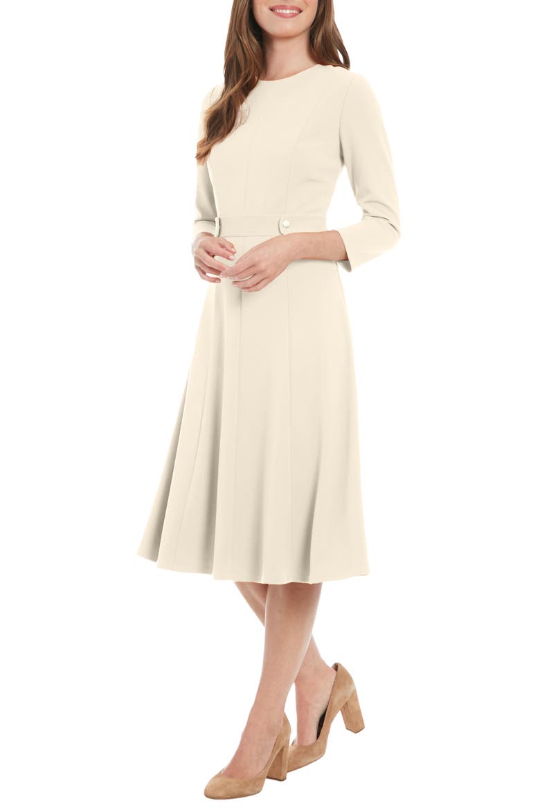 Three-Quarter Sleeve Seamed Side Tab Fit & Flare Midi Dress, Alternate, color, SUGAR IVORY