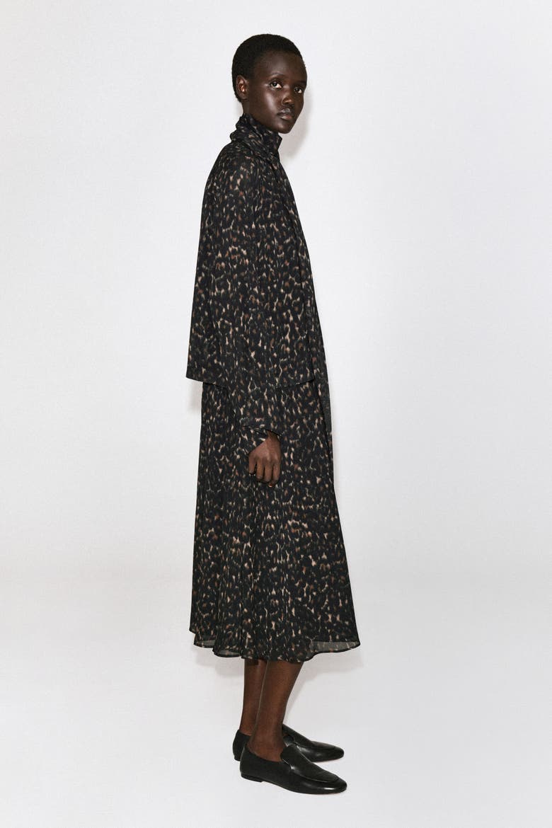 Leopard-Print Fluid Scarf-Detail Dress, Alternate, color, BROWN / LEOPARD PRINT