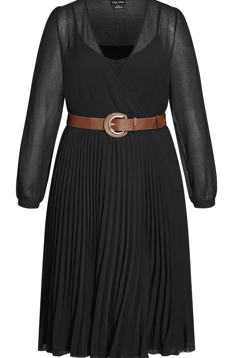 City Chic Pleated Belted Long Sleeve A-Line Midi Dress, Alternate, color,