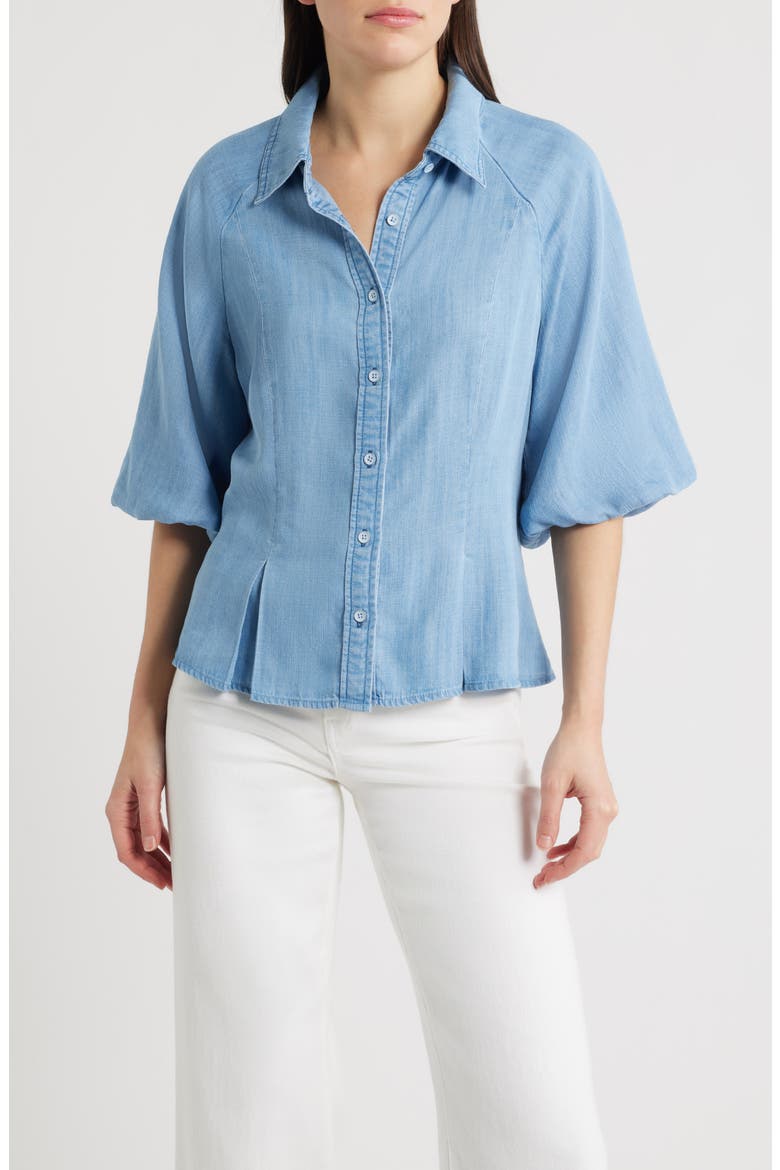Bubble Sleeve Flare Button-Up Chambray Top, Main, color, LIGHT BLUE