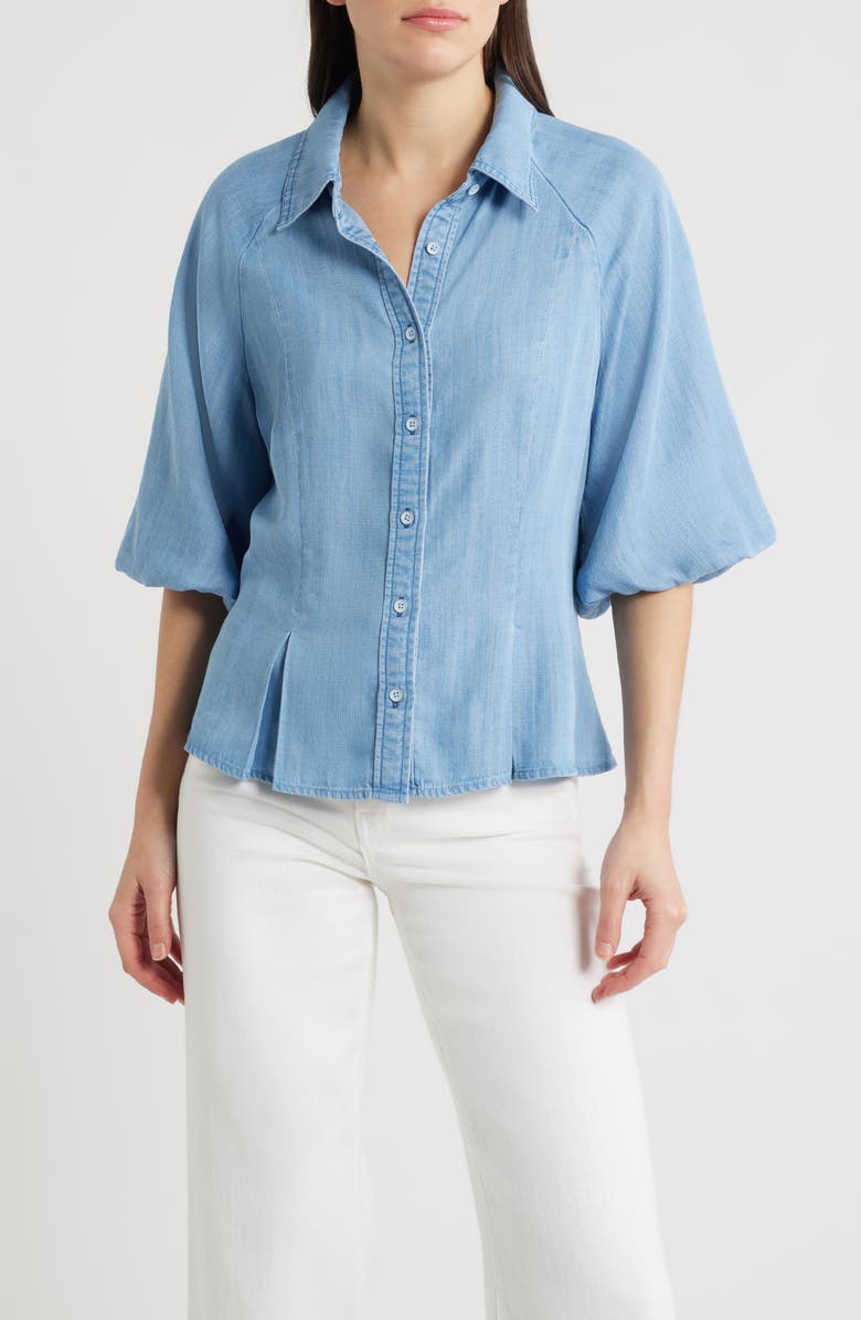 Wit 
Wisdom Bubble Sleeve Flare Button-Up Chambray Top, Main, color, Light Blue