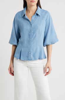 Bubble Sleeve Flare Button-Up Chambray Top