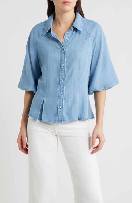 Bubble Sleeve Flare Button-Up Chambray Top
