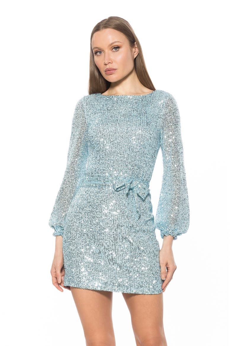 Val Sequin Long Sleeve Tie Waist Shift Dress, Alternate, color, HALOGEN BLUE