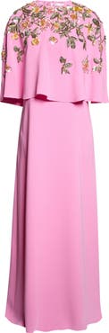 Oscar de la Renta Beaded Mixed Botanical Embroidered Stretch Silk Georgette Dress