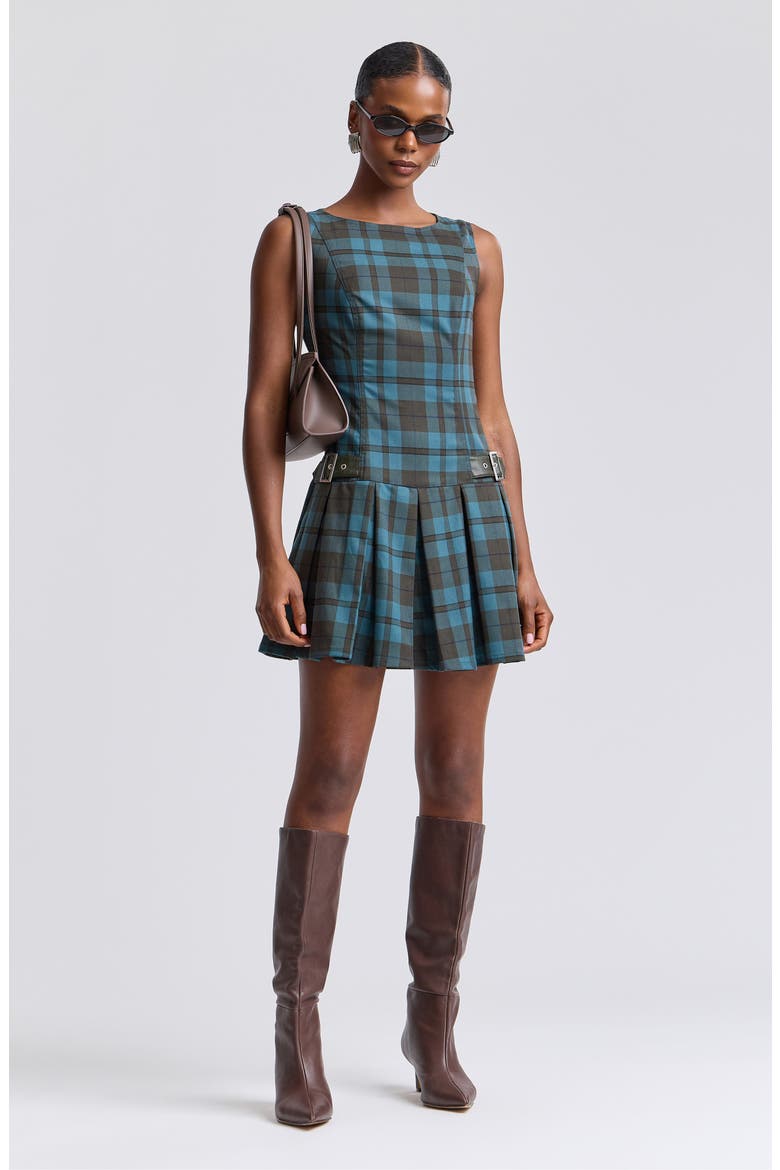 Plaid Pleated Stretch Minidress, Alternate, color, DEEP TEAL PLAID