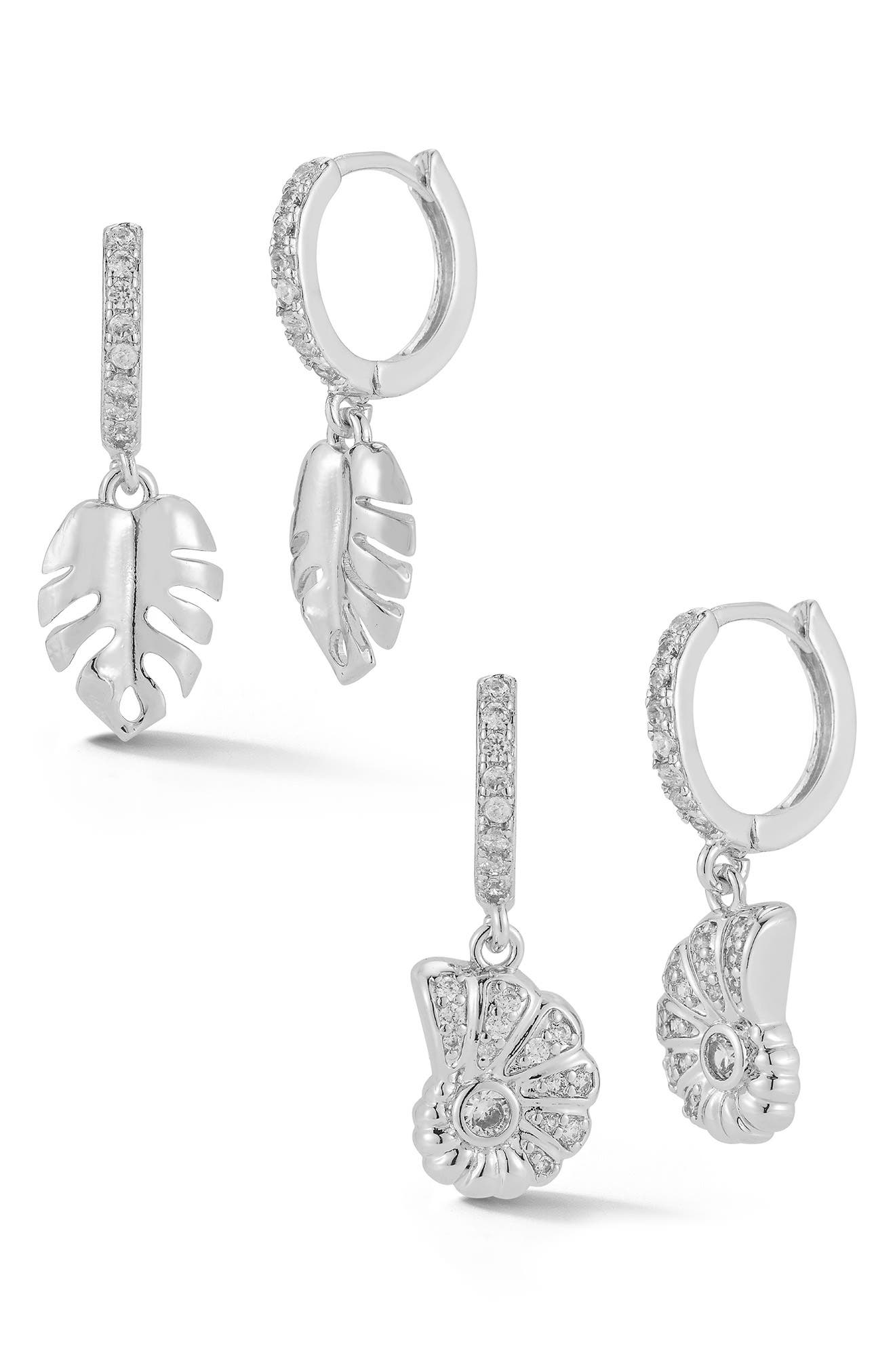 Set of 2 Leaf & Shell Drop Huggie Hoop Earrings