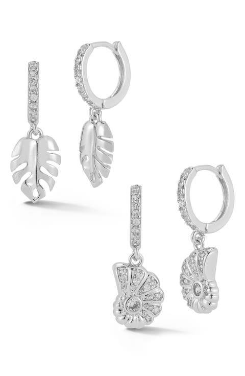 Set of 2 Leaf & Shell Drop Huggie Hoop Earrings