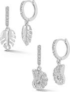 GLAZE JEWELRY Set of 2 Leaf & Shell Drop Huggie Hoop Earrings