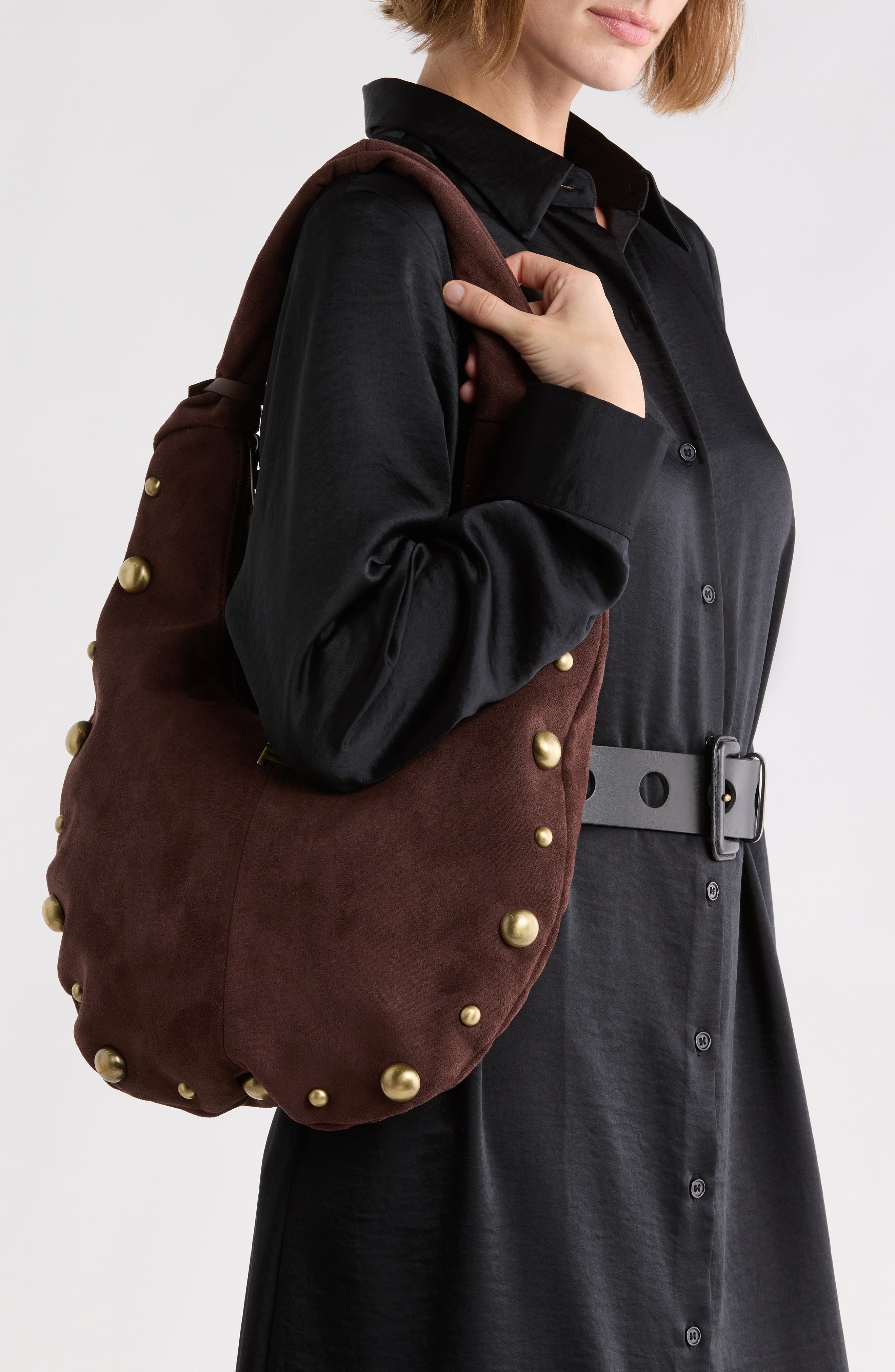 Faux Suede Bubble Stud Hobo, Alternate, color, CHOCOLATE