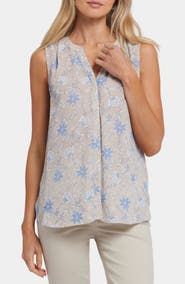 NYDJ Print Pleat Back Sleeveless Split Neck Blouse