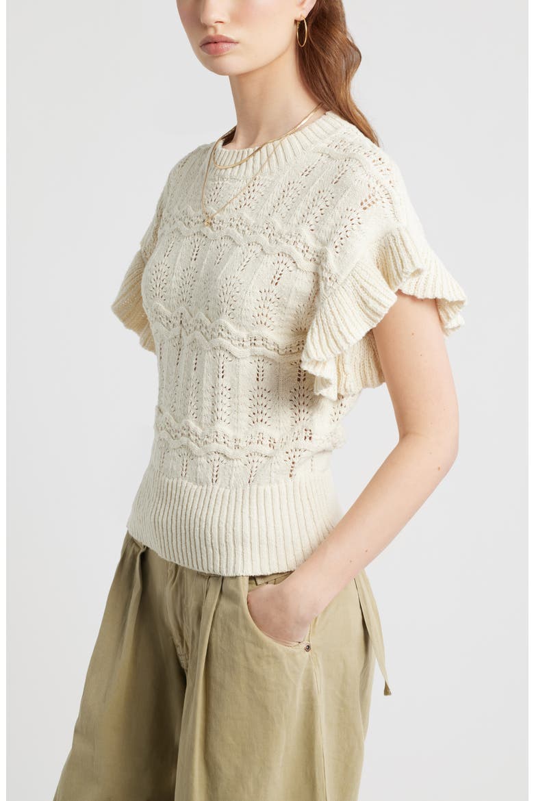 Flutter Sleeve Cotton Pointelle & Rib Sweater, Alternate, color, IVORY DOVE