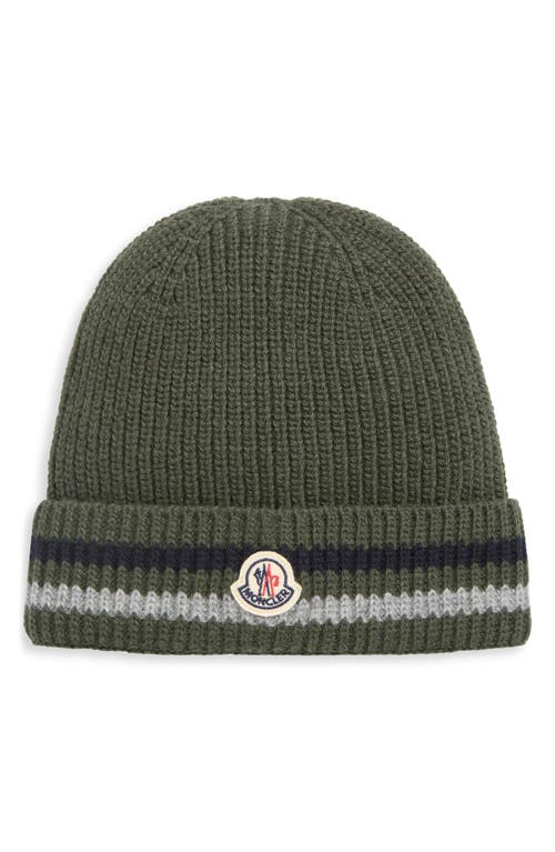Moncler Kids' Logo Patch Stripe Virgin Wool Beanie In Green