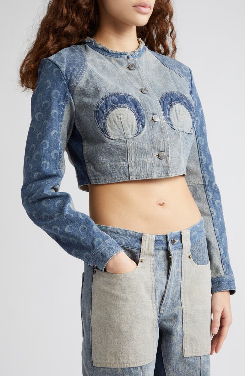 Marine Serre Mixed Wash Denim Crop Jacket, Alternate, color,