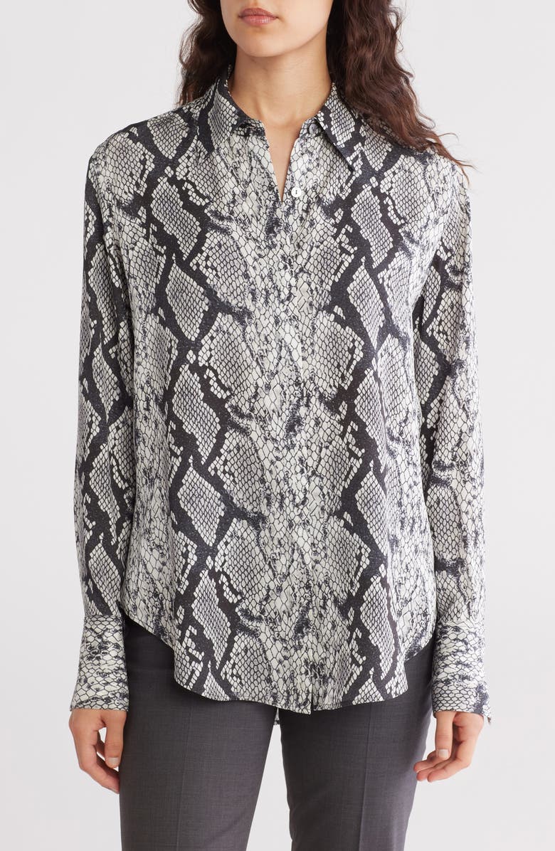 Theory Sunaya Silk Snakeskin Button Front Top, Main, color, Gray