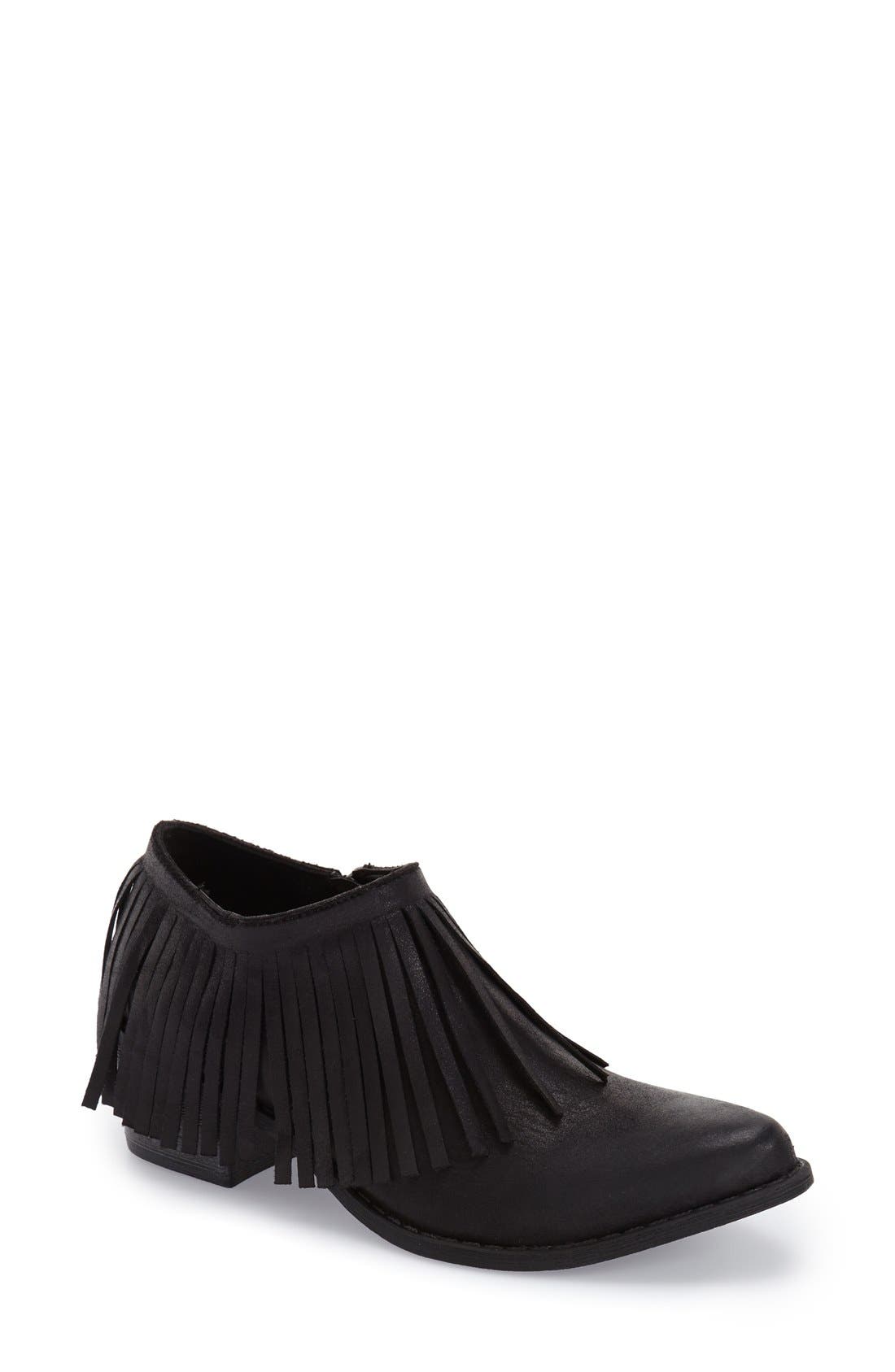'Bayou' Fringe Bootie, Main, color, BLACK LEATHER
