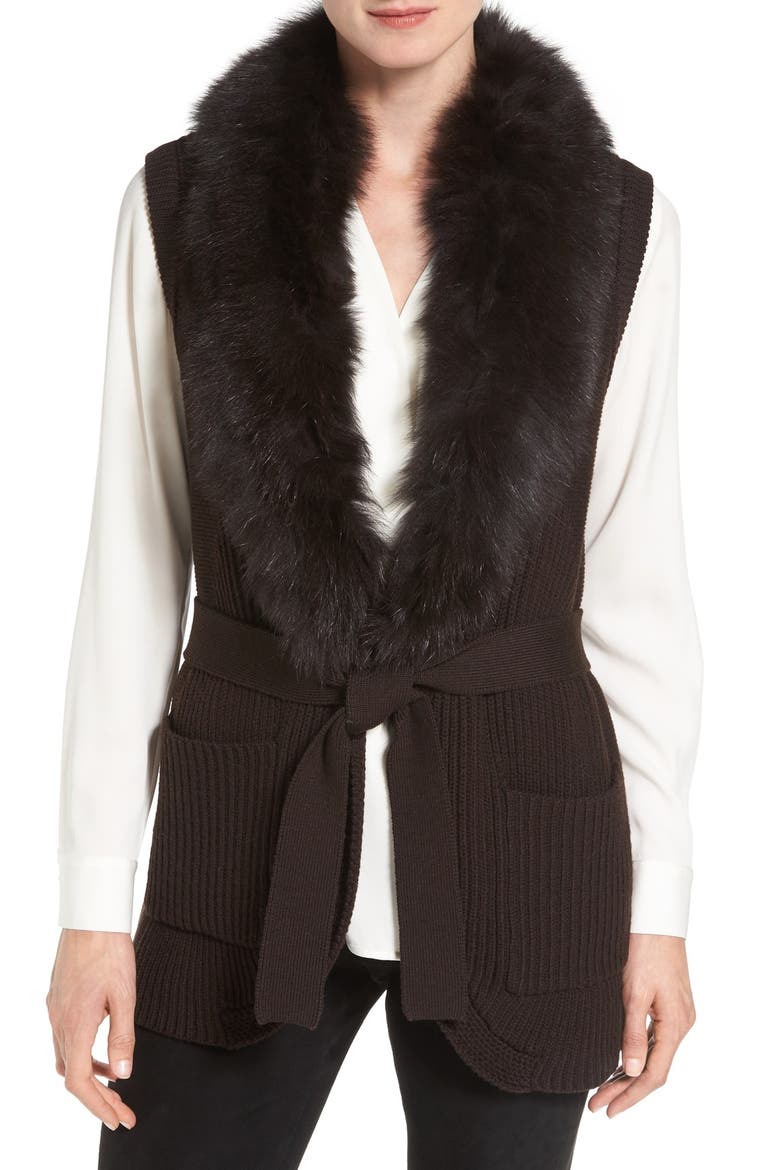 'Kyla' Belted Merino Wool Sweater Vest with Genuine Fox Fur Collar, Main, color, CHOCOLATE