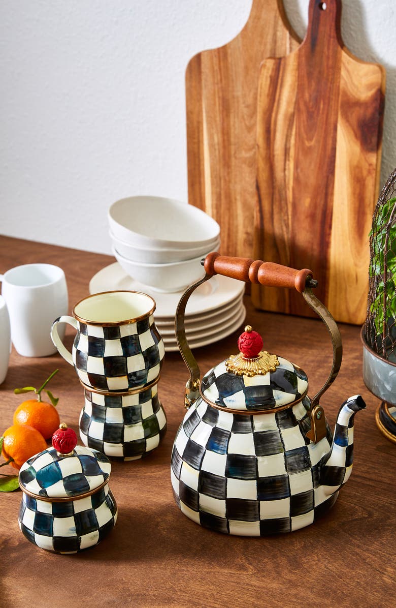 MACKENZIE CHILDS Check Enameled Steel 2-Quart Tea Kettle, Alternate, color, Black/ White