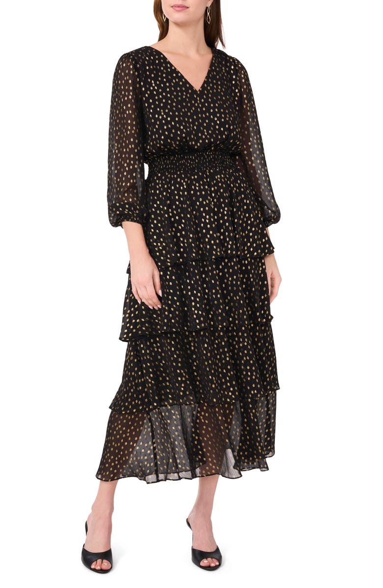 Halogen<sup>®</sup> Metallic Plissé Tiered Long Sleeve Dress, Main, color, 