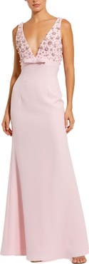 Mac Duggal Crepe Sleeveless Beaded V Neck Gown With Bow