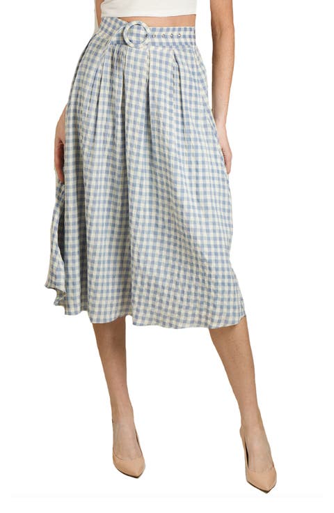 Gingham Belted High Waist Pleated A-Line Skirt