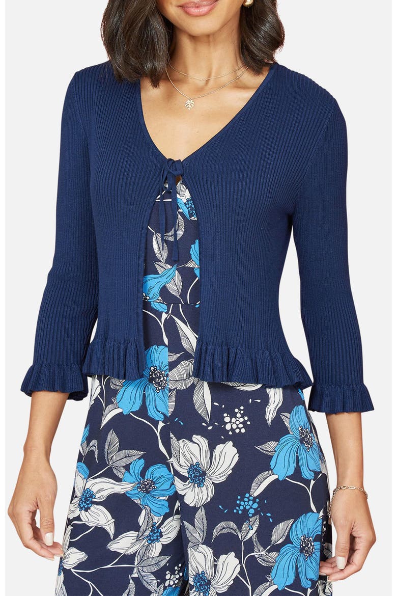 Tie Up Ribbed Frill Hem Cardigan, Alternate, color, Navy