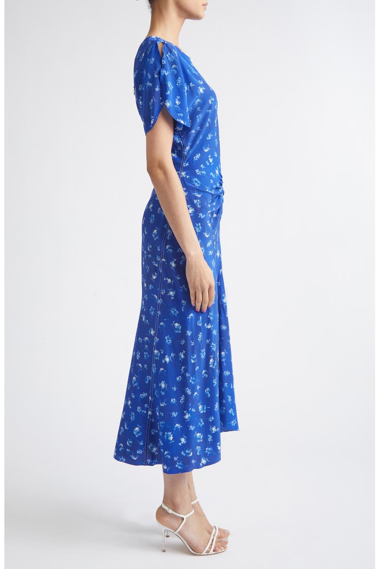 Bela Floral Ruched Silk Midi Dress, Alternate, color, CYANOTYPE FLOWER INDIGO