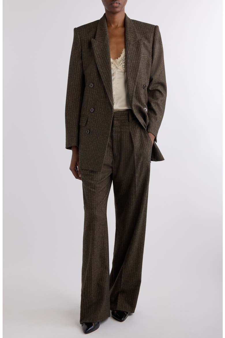 Lisetta Pinstripe Pleated Wide Leg Wool Blend Trousers, Alternate, color, DARK KHAKI