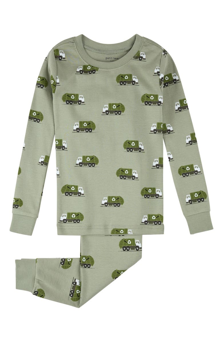 Petit Lem Kids' Recycling Truck Print Fitted Two-Piece Pajamas, Main, color, Green
