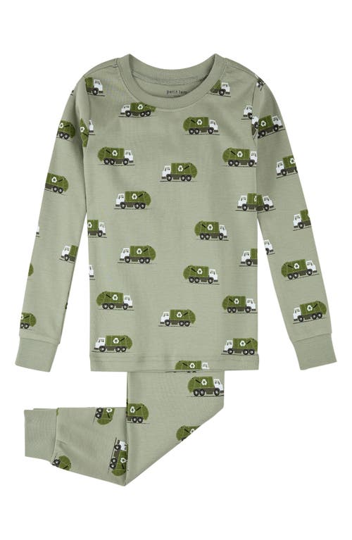 Petit Lem Kids' Recycling Truck Print Fitted Two-Piece Pajamas in Green 