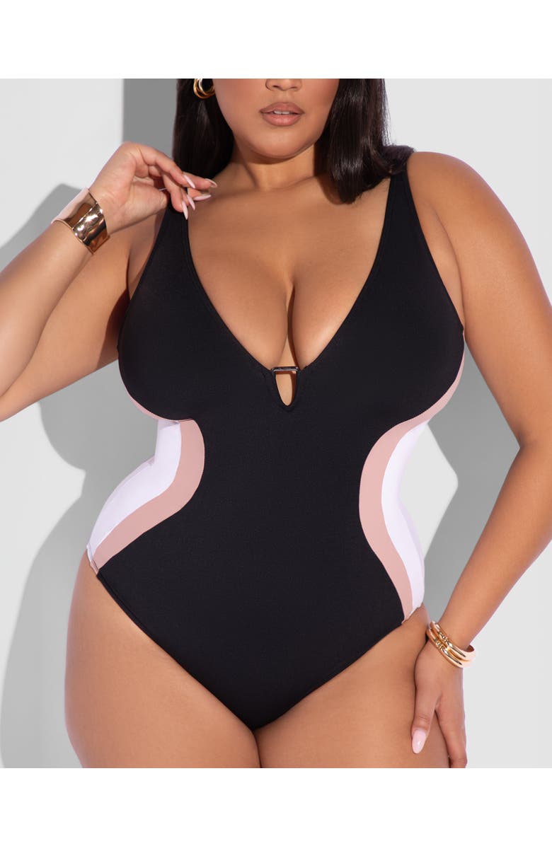 TA3 Mega Sculpting Plunge Neck Triangle Detail One-Piece Swimsuit, Alternate, color, Contour Black/Rose/White