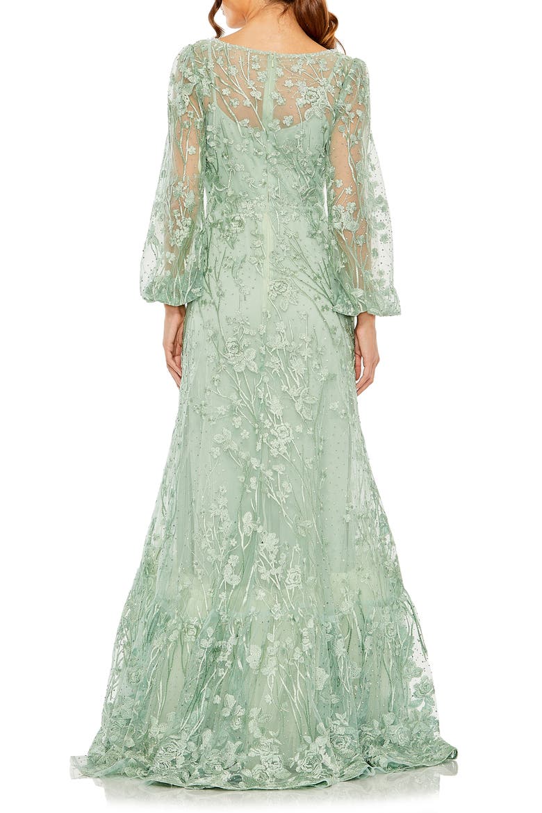 V Neck Puff Sleeve A Line Embroidered Gown, Alternate, color, SAGE