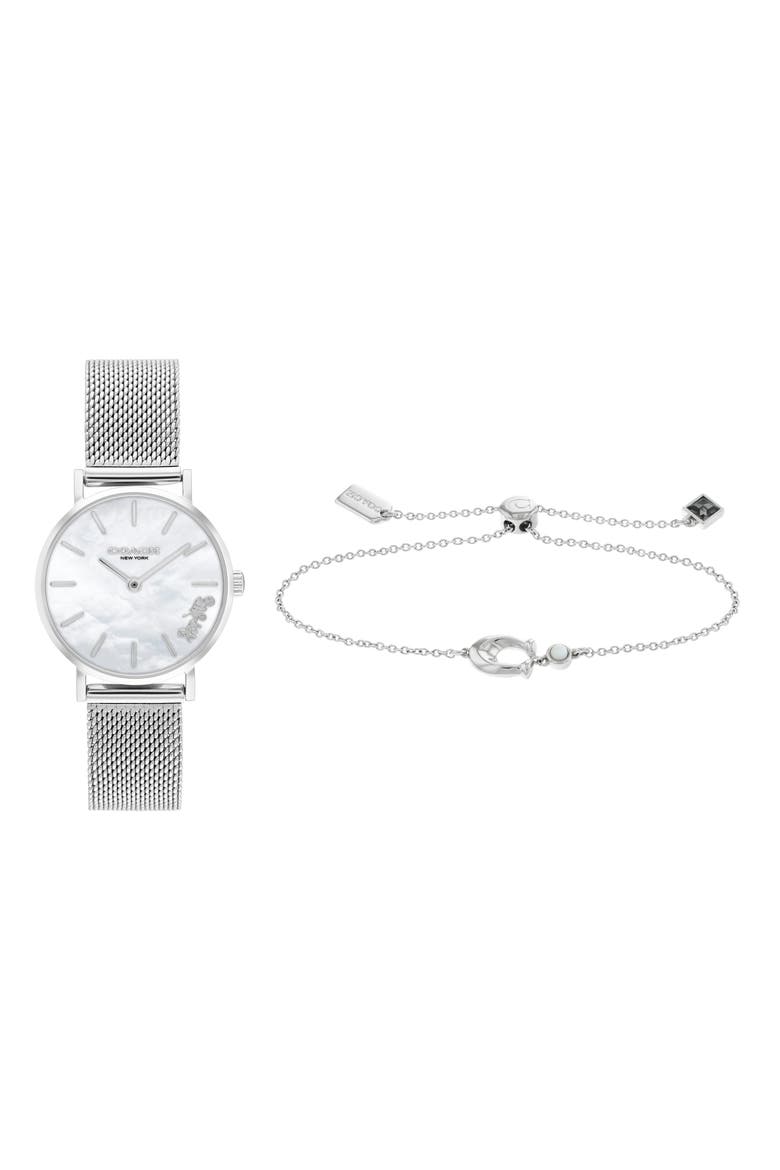 Perry Mesh Strap Watch & Bracelet Set, 28mm, Main, color, WHITE MOP